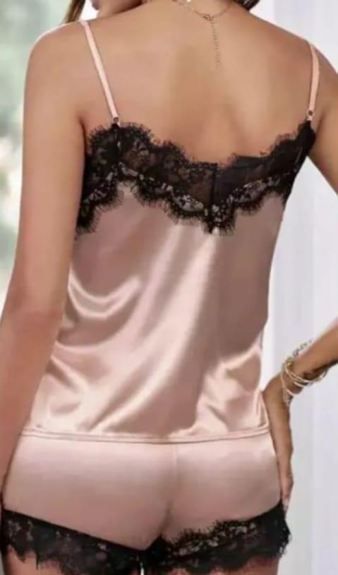 Apricot Lace Satin Sleepwear Cami Top and Shorts Pajamas Set