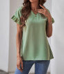 GREEN V NECK RUFFLE SHORT SLEEVE  T-SHIRT