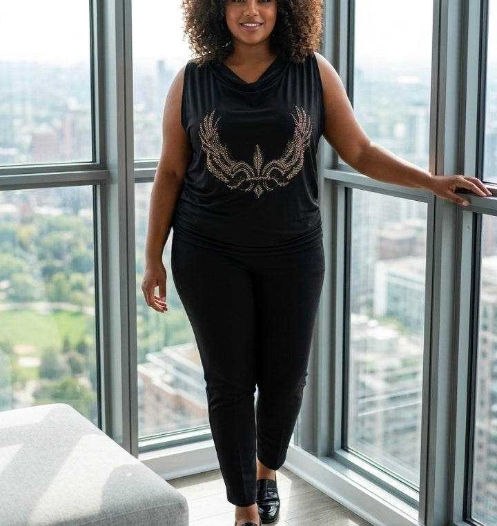 Black Sleeveless Rhinestone Graphic Top