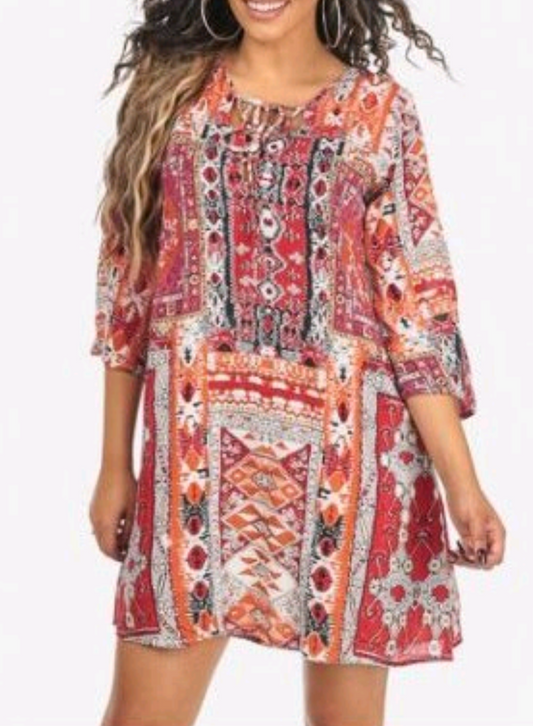 Women's Orange 3/4 Sleeve Printed V-Neck Above Knee Dress
