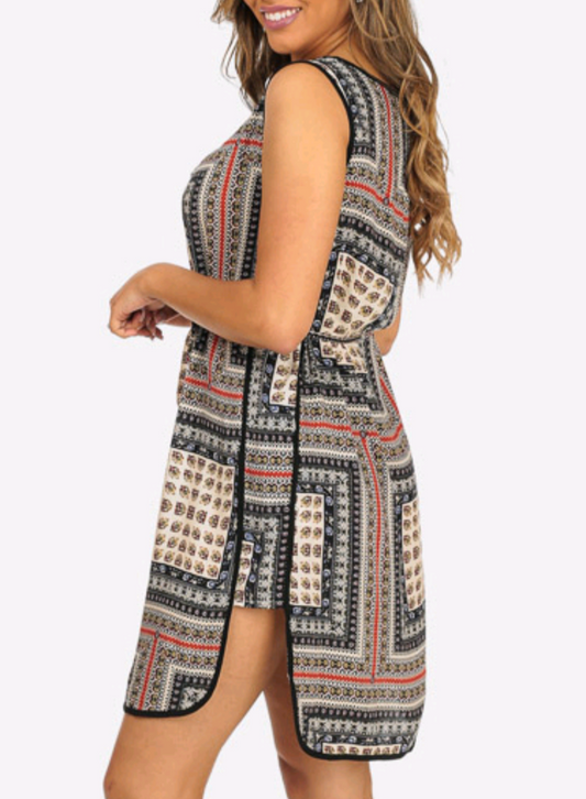 Black Sleeveless Printed Side Slits