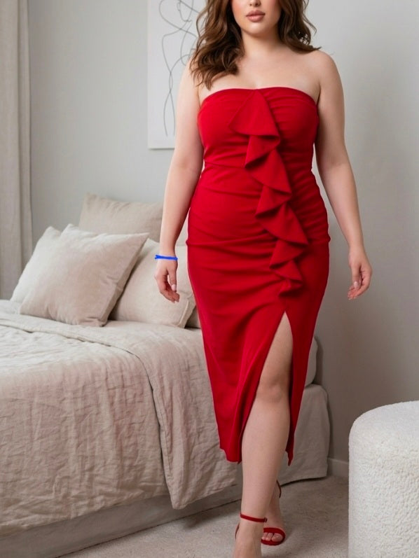 Red strapless midi dress has a ruffled front detail and a thigh-high