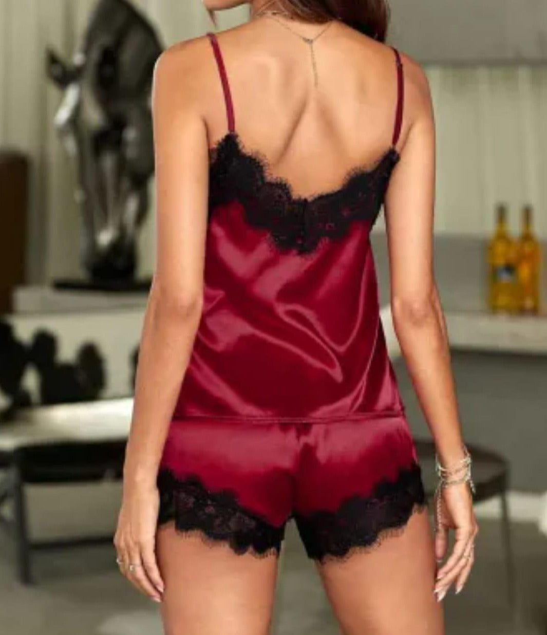 Red Lace Satin Sleepwear Cami Top and Shorts Pajamas Set